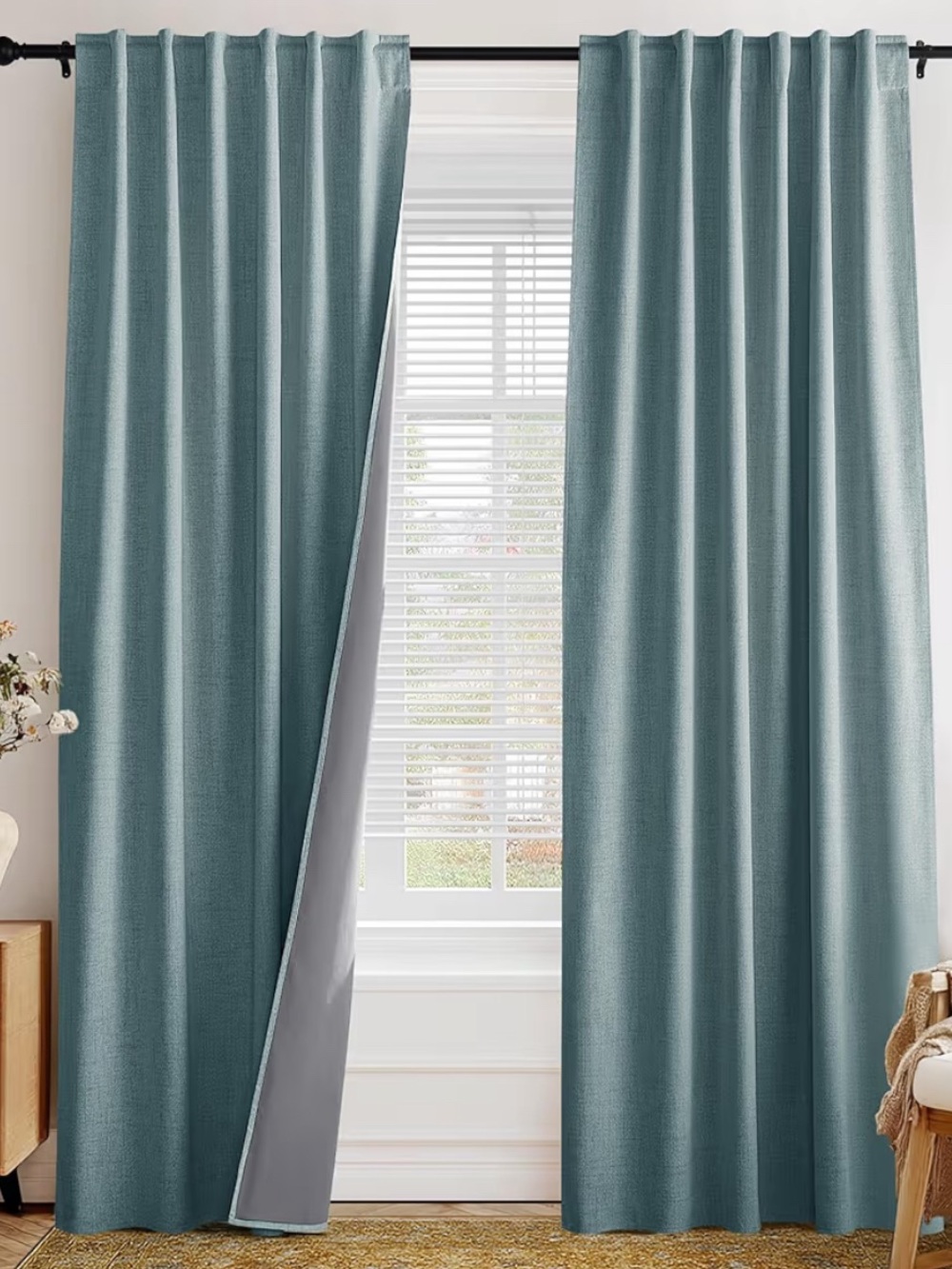 Teal Natural Linen Blackout Curtains 52x84, 2 Panels
